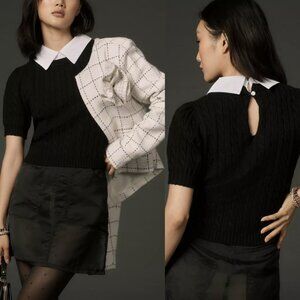 Anthropologie Short Sleeve Collared Sweater Black XL Cable Knit